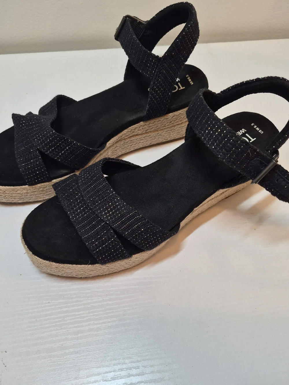 Toms Black Espadrille Wedge Sandals with Subtle Metallic Thread